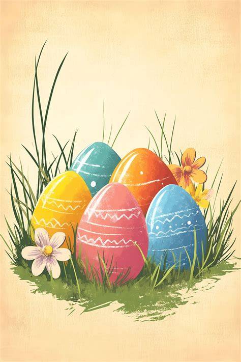 illustration carte Pâques rétro (bandeau pastel et œufs décoratifs)