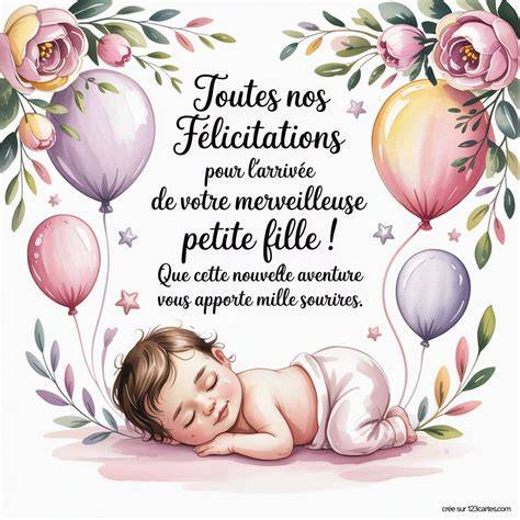 Carte félicitations naissance fille design élégant
