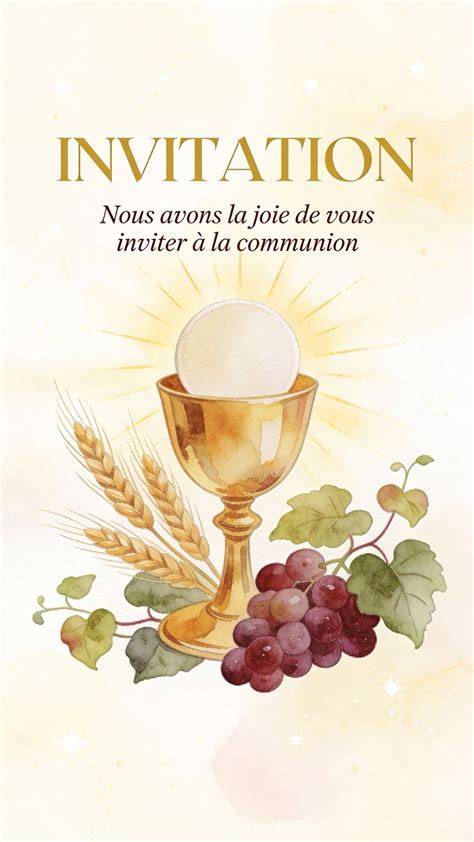 Carte de communion avec symboles calice hostie lumière