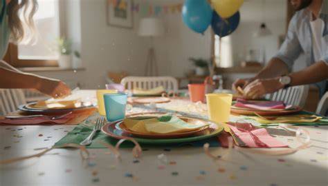 Table de fête avec fanions et vaisselle colorée