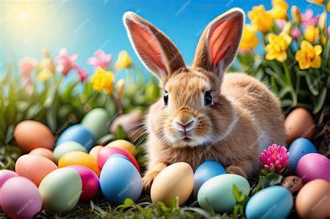 Lapin de Pâques avec œufs colorés