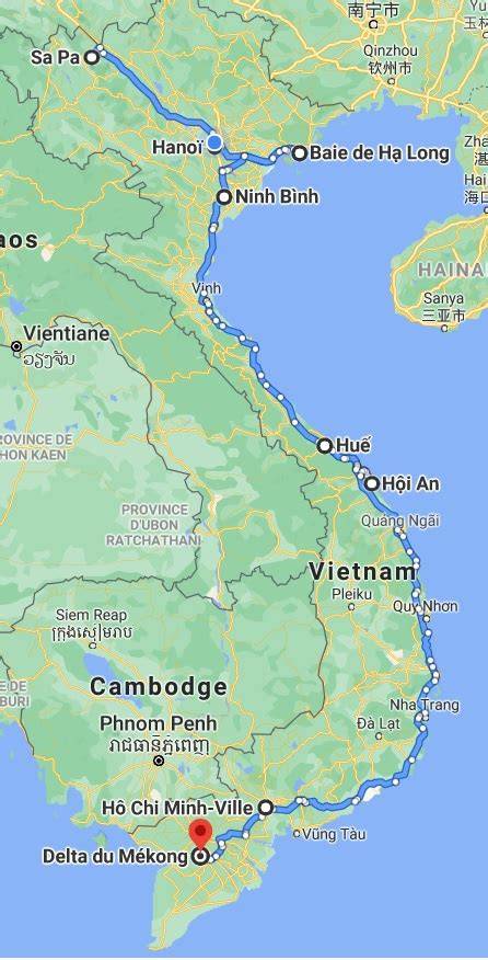 Itinéraire Vietnam Nord Sud carte