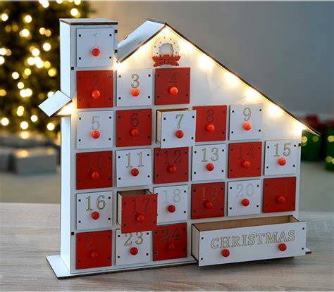 Maison calendrier Avent bois peinte rouge blanc