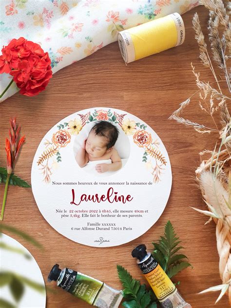 Faire-part naissance fille fleuri aquarelle