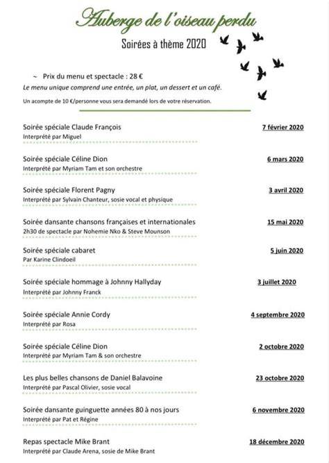 Carte du restaurant Auberge de l’Oiseau Perdu