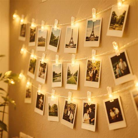 Guirlande lumineuse à pinces avec photos au mur
