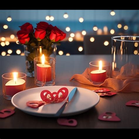Table de Saint-Valentin décorée pétales roses bougies