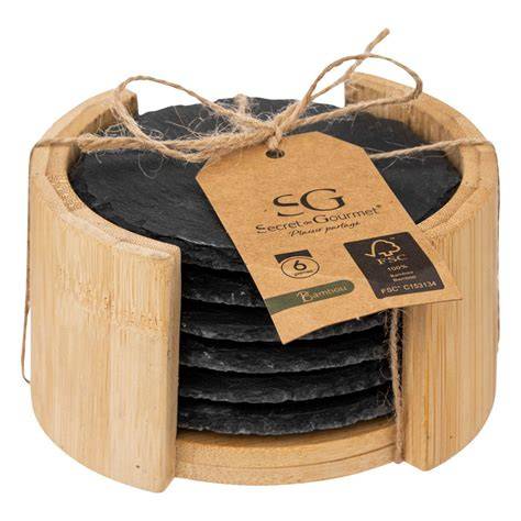 Dessous de verre ardoise personnalisé avec socle en bambou