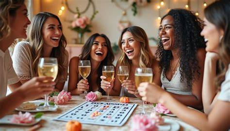 Groupe d’amies chantant pour future mariée