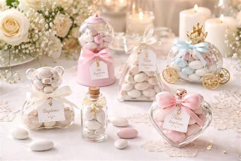 table de baptême avec boîtes dragées assorties