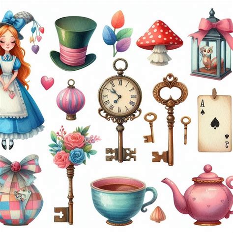 Symboles Alice clés montre cartes théière