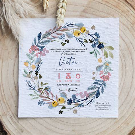 Faire-part naissance papier ensemencé fleurs