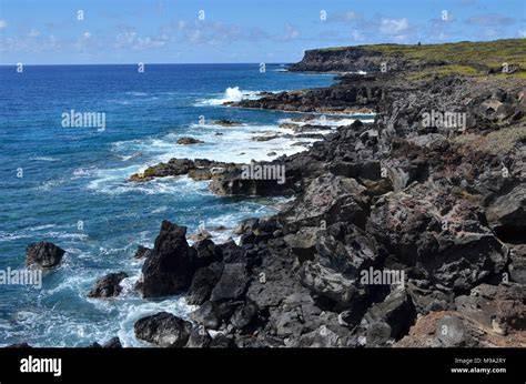Surfeur sur les côtes volcaniques de Rapa Nui