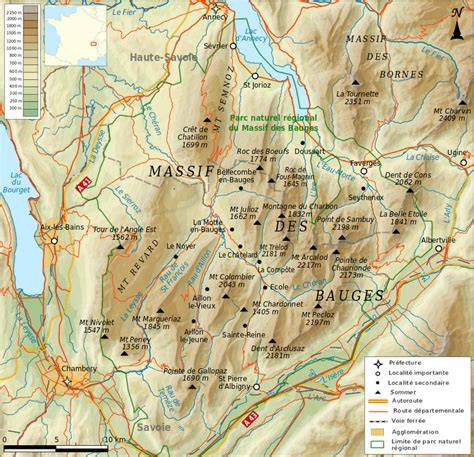 carte regionale des Bauges et lacs