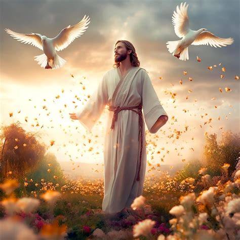 Jésus entouré de colombes blanches