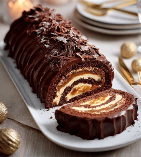 bûche de Noël chocolat caramel décorée