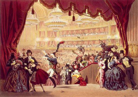 Scène d’opéra bal masqué décor américain