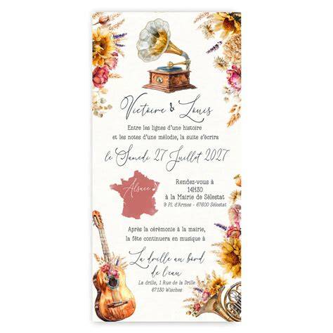 Faire-part mariage gramophone fleurs séchées