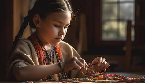 Enfant fabriquant des bijoux avec perles