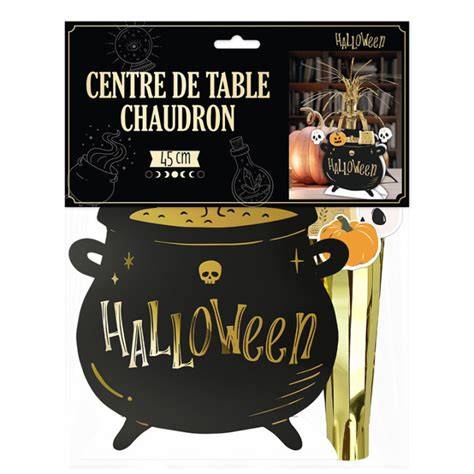table Halloween chaudron citrouilles noires
