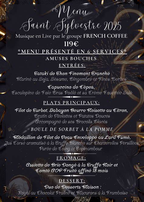 Carte gastronomique et marine pour repas de Saint-Sylvestre