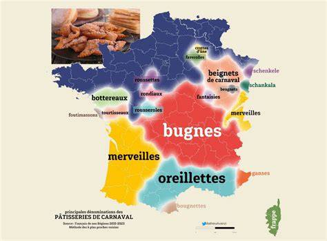 Carte des régions françaises et leurs bugnes (illustration claire des variantes régionales)